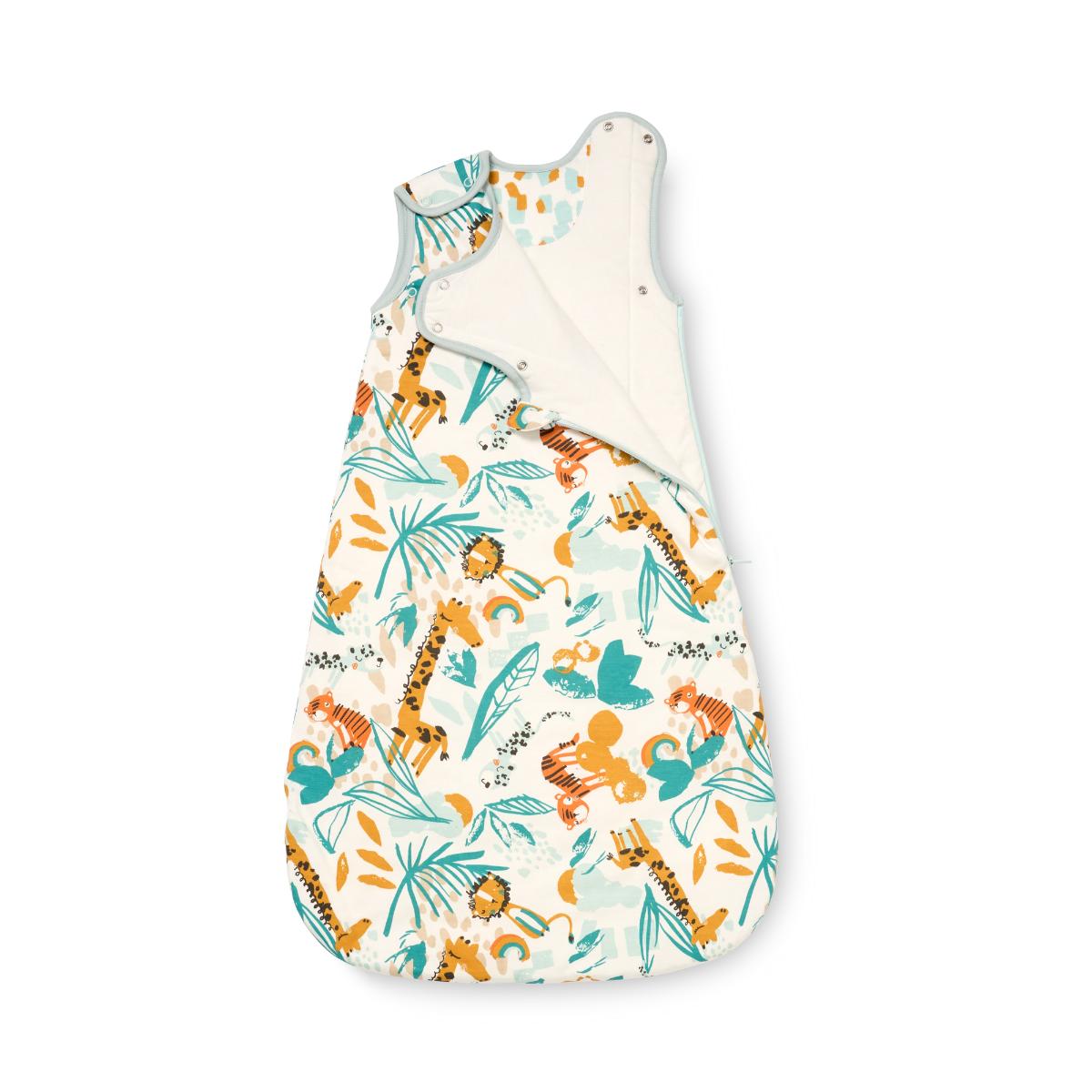 Baby sleep bag 0–6 months in Run Wild design shown flat from the front, highlighting breathable bamboo cotton and playful safari print