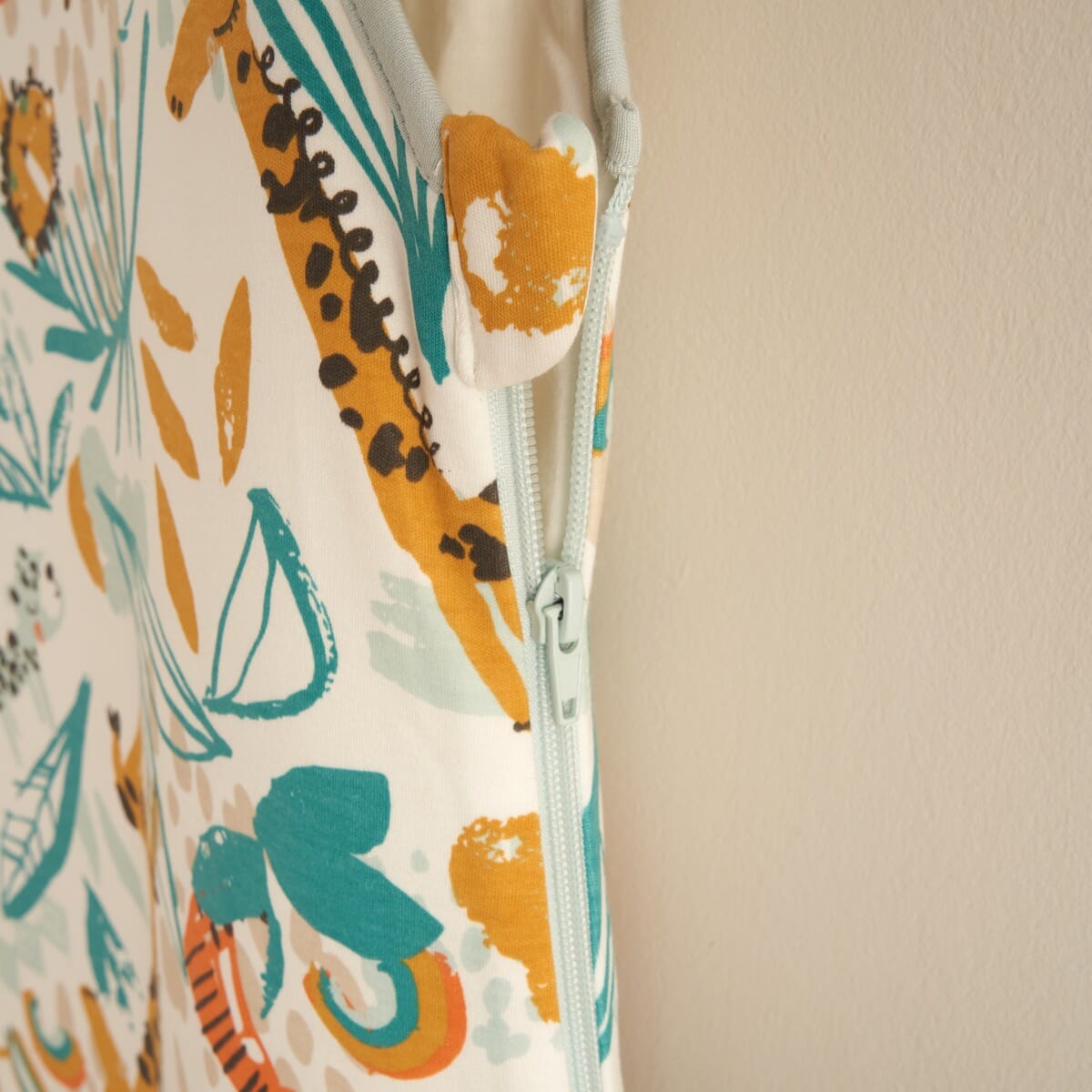 Close-up of side zip on baby sleep bag 0–6 months in Run Wild, designed for easy nighttime changes without disturbing baby’s rest