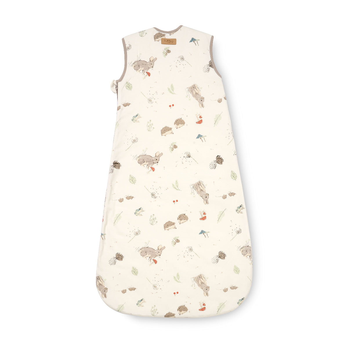 Back cutout of the baby sleep bag 6–18 months in Cocoon, featuring soft cream fabric with whimsical woodland animal and nature motifs
