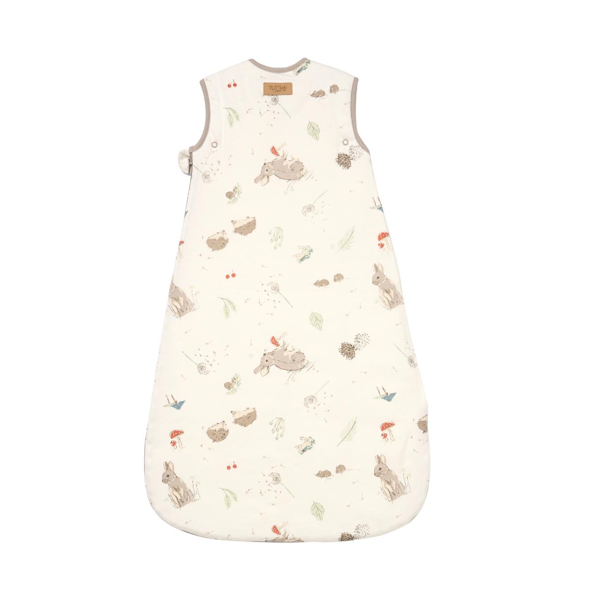 Back cutout view of the Cocoon baby sleep bag 6–18 months, in soft organic cotton with woodland rabbit and hedgehog print
