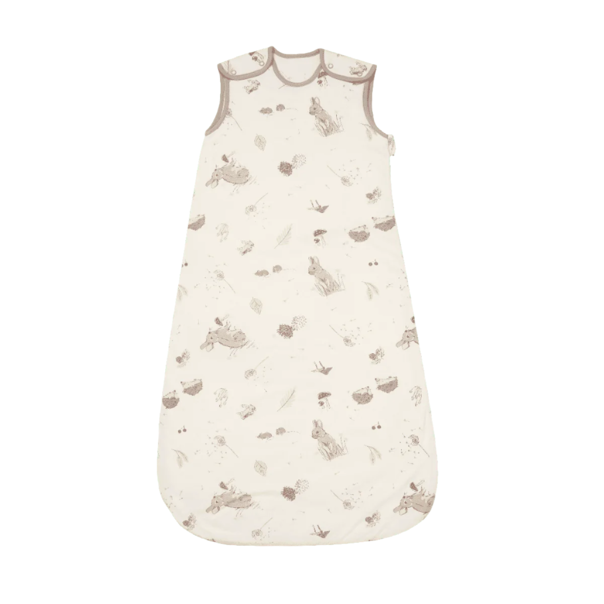Front cutout view of Cocoon baby sleep bag 6–18 months, crafted from organic cotton with soft woodland rabbit and hedgehog print