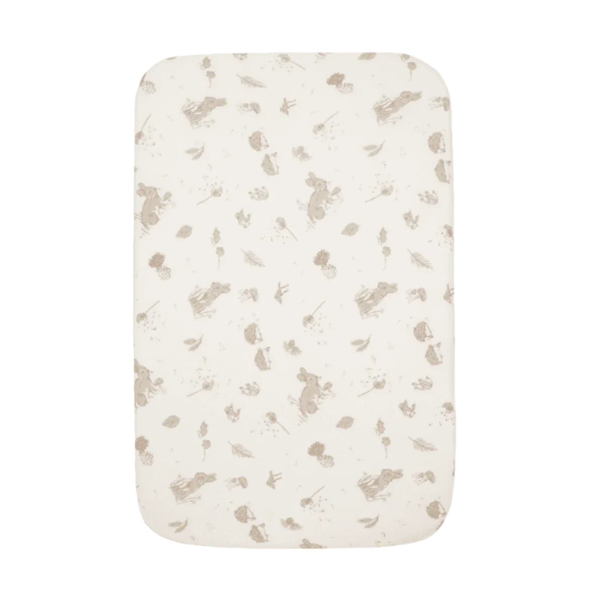 Bedside crib fitted sheets in Cocoon pattern with woodland animal and dandelion details, breathable organic cotton for a cosy, snug sleep space