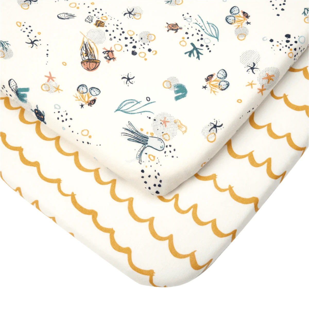 Close-up of Our Planet fitted sheets showing sea life and mustard wave prints in breathable organic cotton, designed for comfort and durability