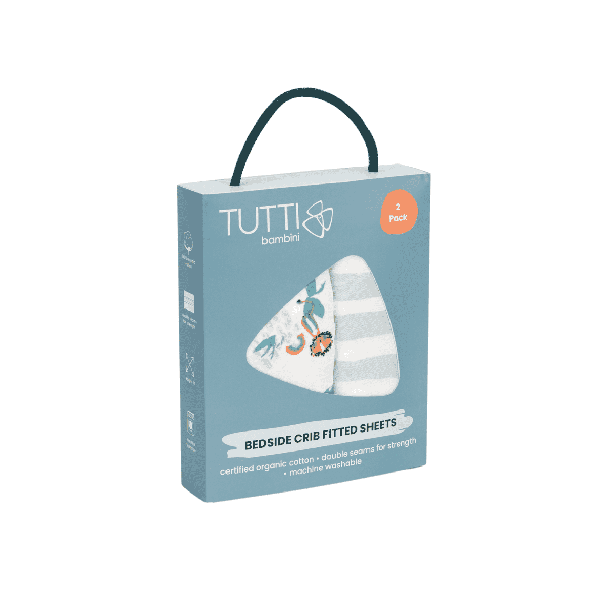 Packaged view of Tutti Bambini Run Wild bedside crib fitted sheets, 2-pack made from soft organic cotton with playful safari design