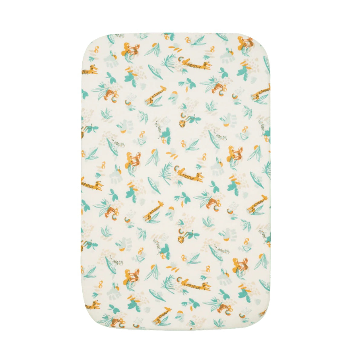 Mid shot of Run Wild bedside crib fitted sheets, featuring bold safari animal print