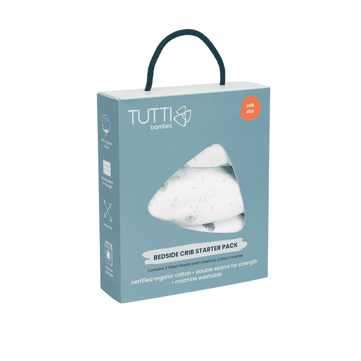 Packaged Cocoon bedside crib starter pack with organic cotton fitted sheets and quilted coverlet, displayed in branded carry box