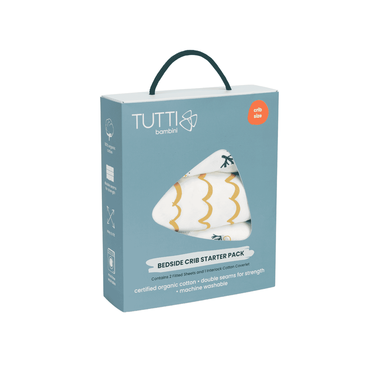 Packaged Our Planet bedside crib starter pack with organic cotton fitted sheets and quilted coverlet, shown in display box with carry handle