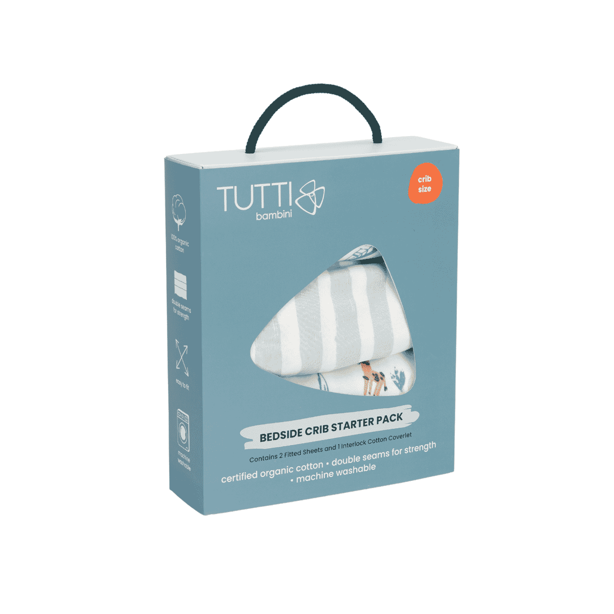Packaged Cocoon bedside crib starter pack with organic cotton fitted sheets and quilted coverlet, displayed in branded carry box