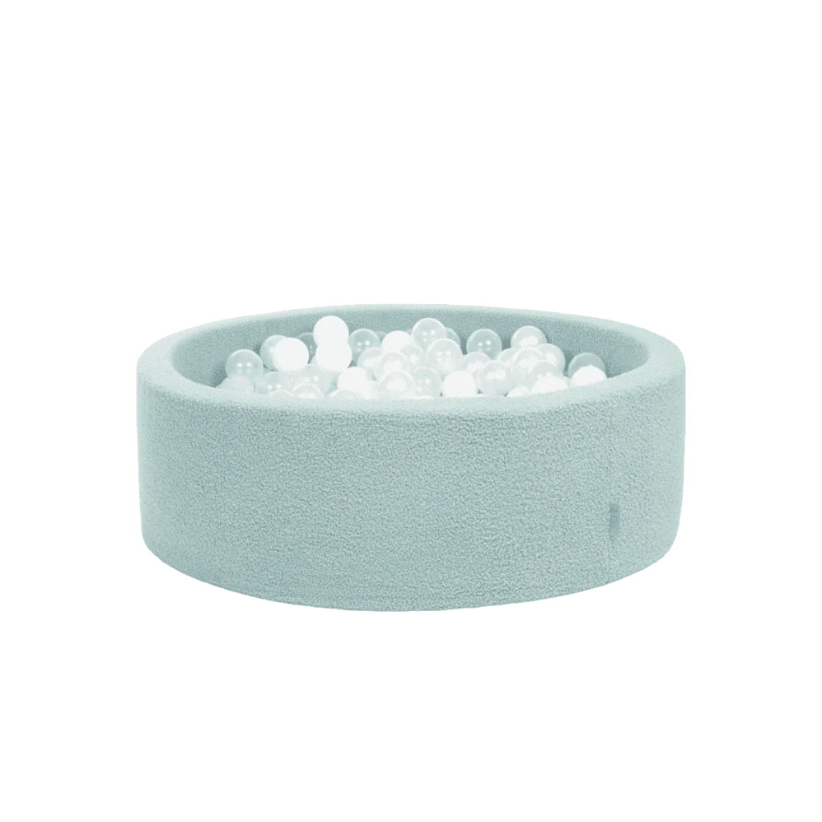 Cutout view of the Bola Baby Ball Pit in ocean stone, featuring a soft foam circular design filled with translucent balls for sensory play