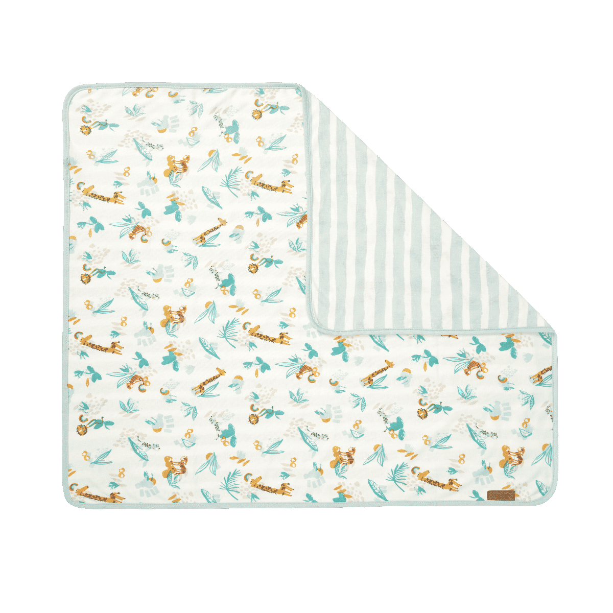 cutout showing a folded corner of the run wild coverlet from the bedside crib bundle, featuring a playful jungle motif pattern