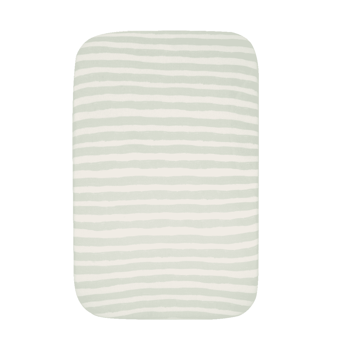 cutout of a run wild fitted sheet included in the bedside crib bundle, showing a light green and white stripe pattern