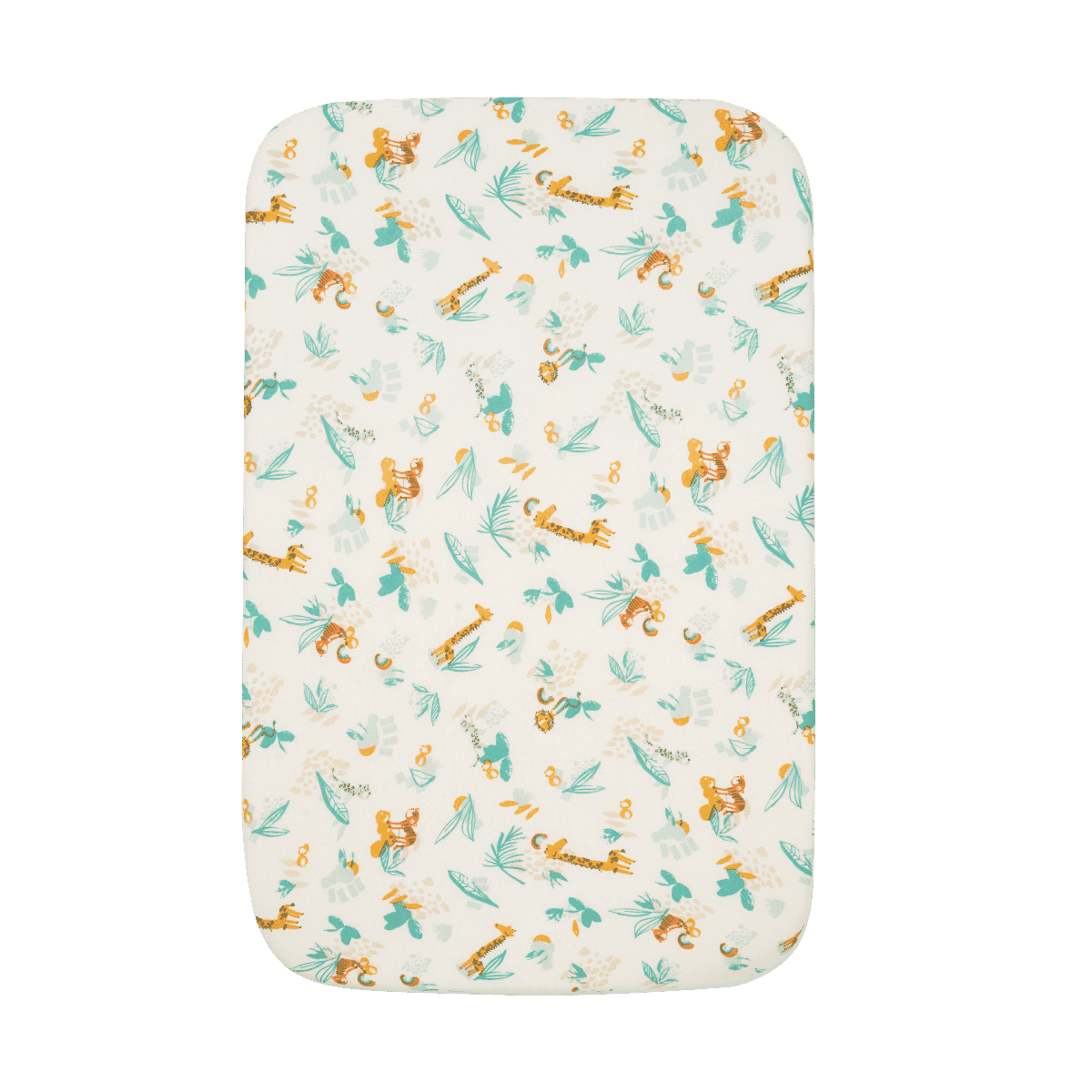cutout of a run wild fitted sheet included in the bedside crib bundle, showing playful jungle motifs