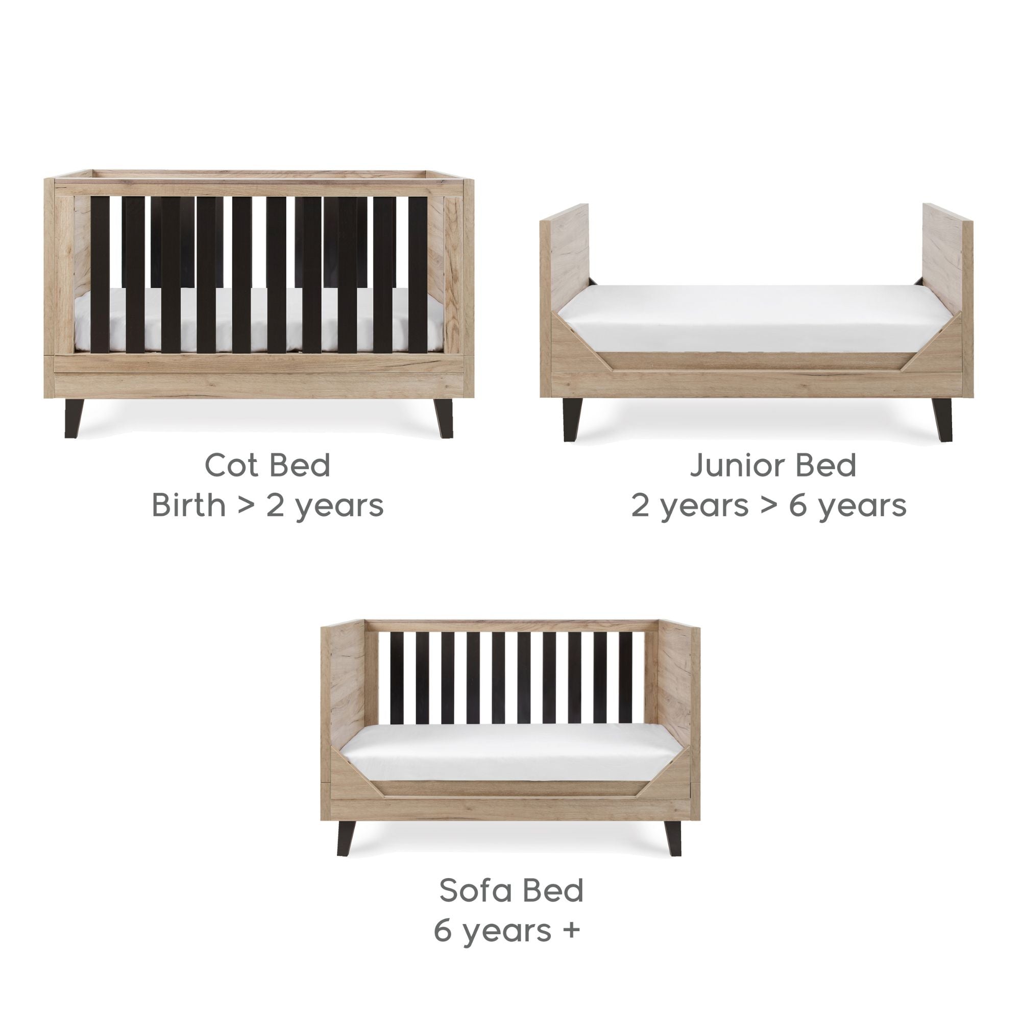 Como cot bed in distressed oak and slate grey shown in three modes: cot bed, junior bed, and sofa bed, adaptable from birth to 6years +