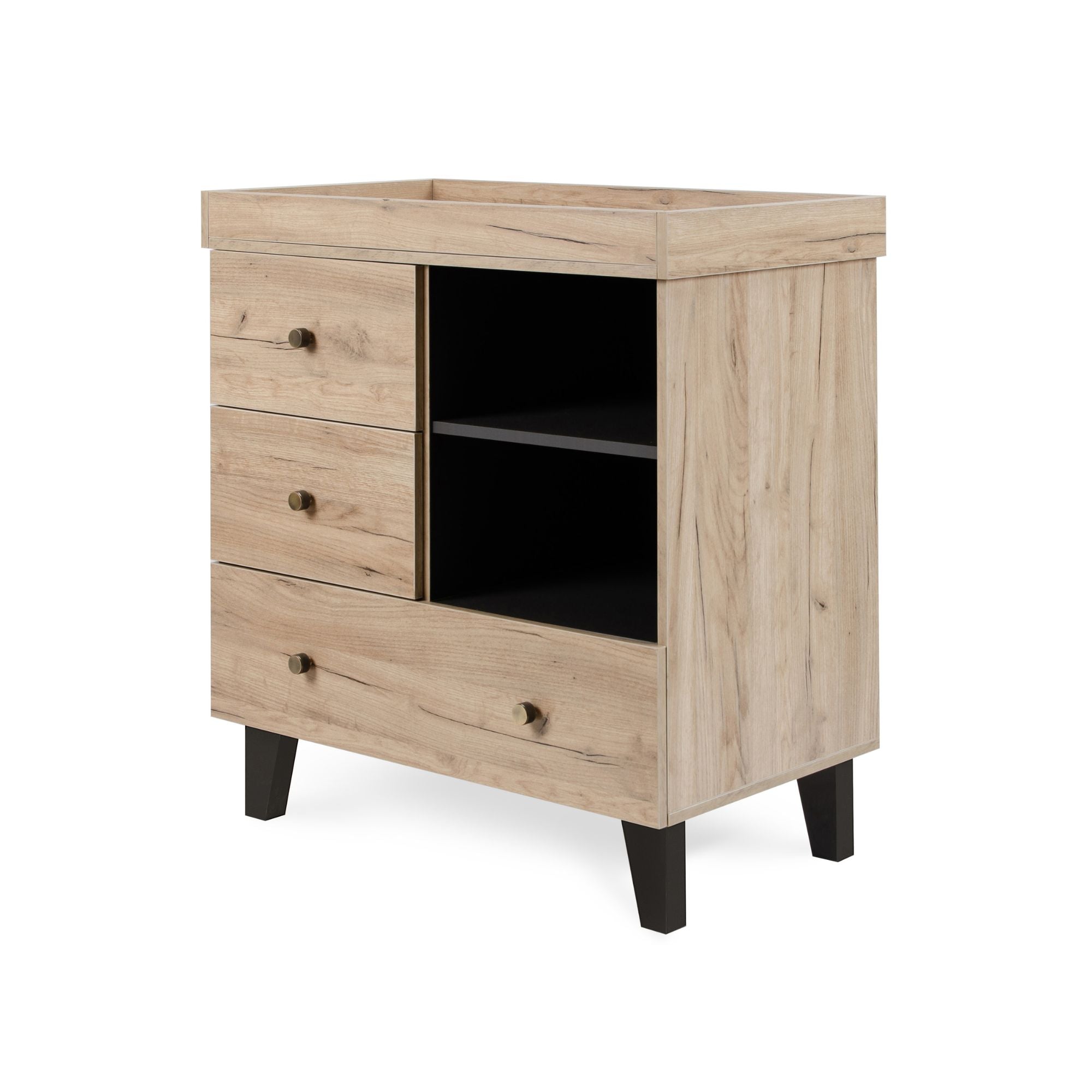 Angled cutout of the Como chest changer in distressed oak and slate grey with three drawers, open shelving, and modern brass handles