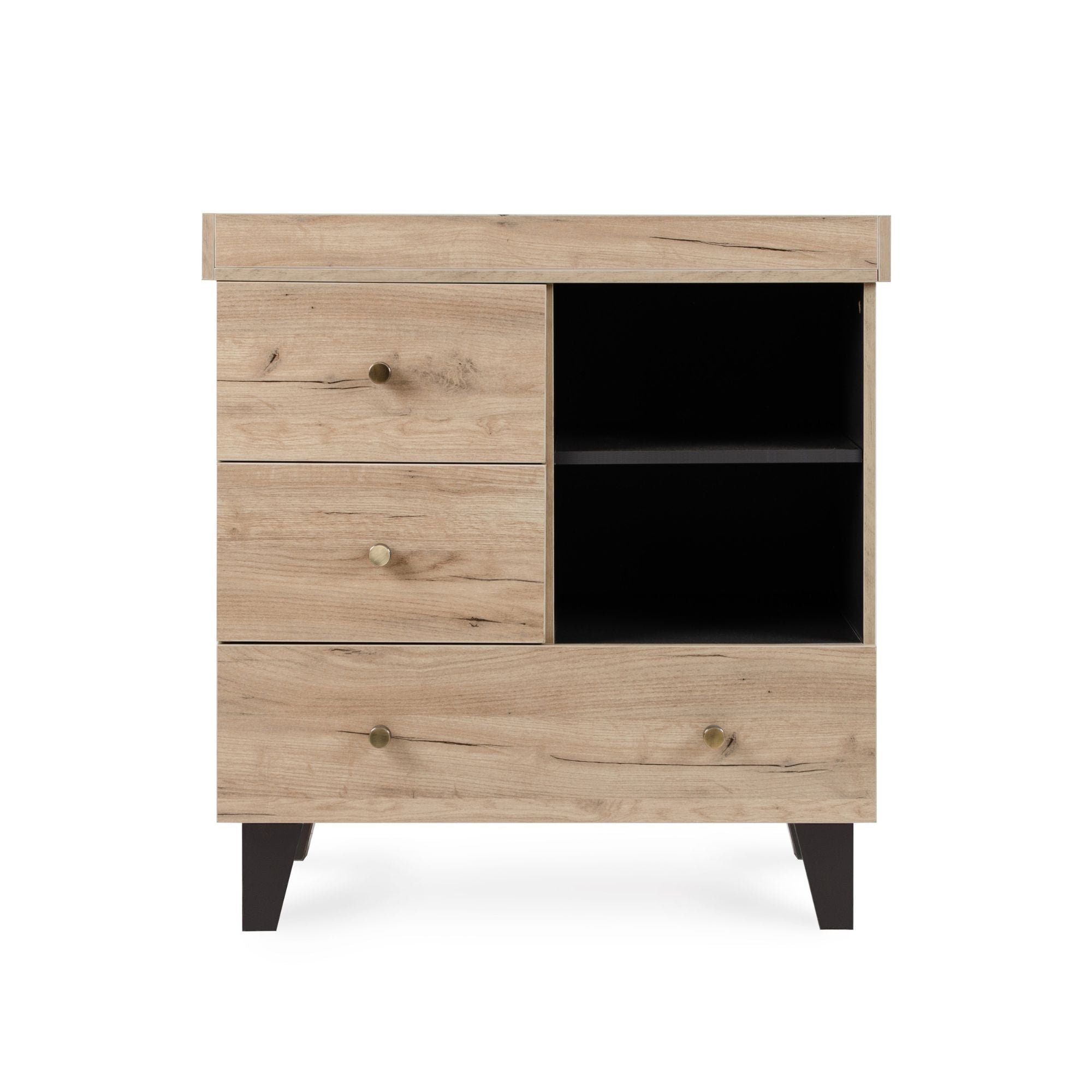 Front cutout view of Como chest changer in distressed oak and slate grey with three drawers and open shelving for organised nursery storage