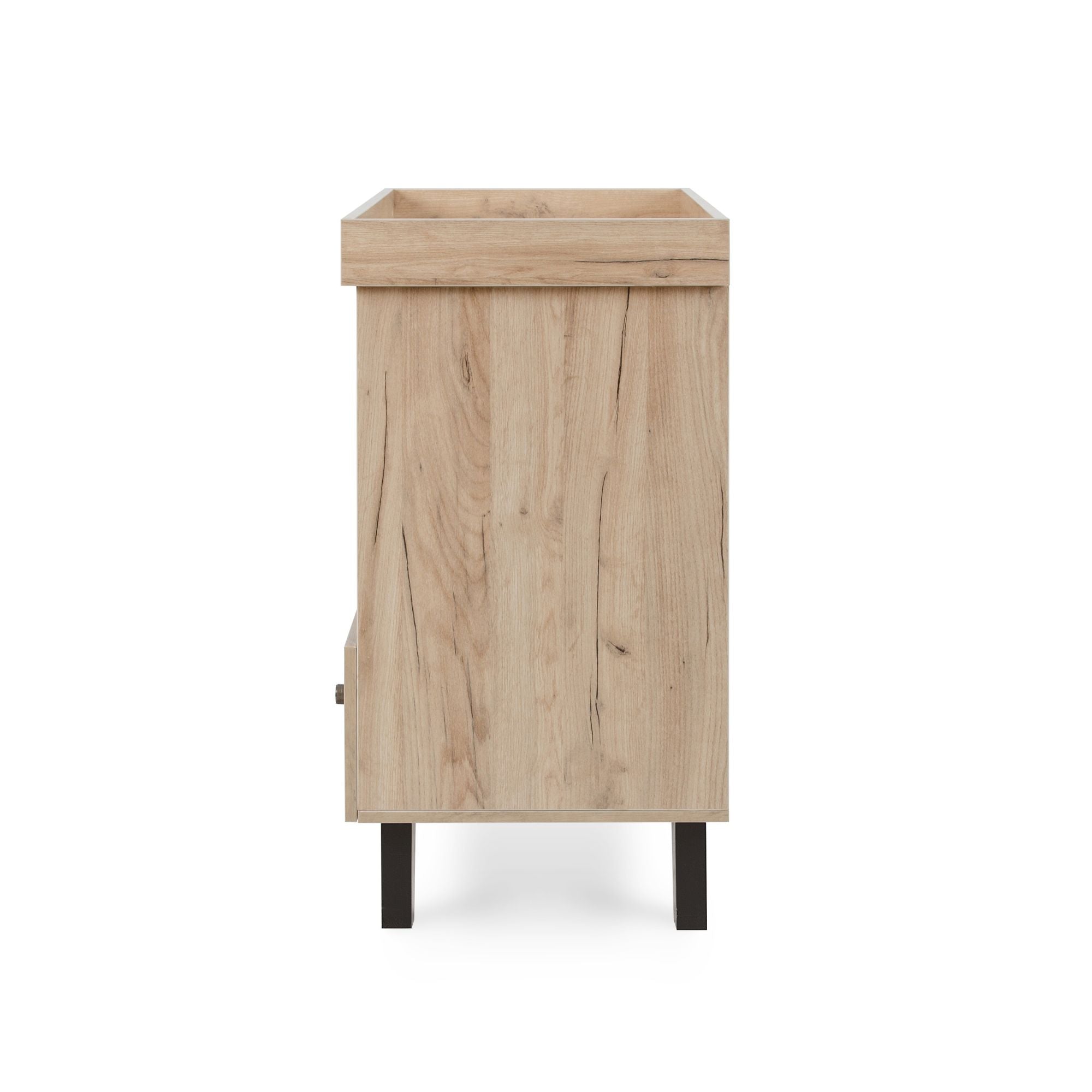 Side profile of the Como chest changer in distressed oak and slate grey finish, showing clean lines, sturdy legs, and textured wood grain