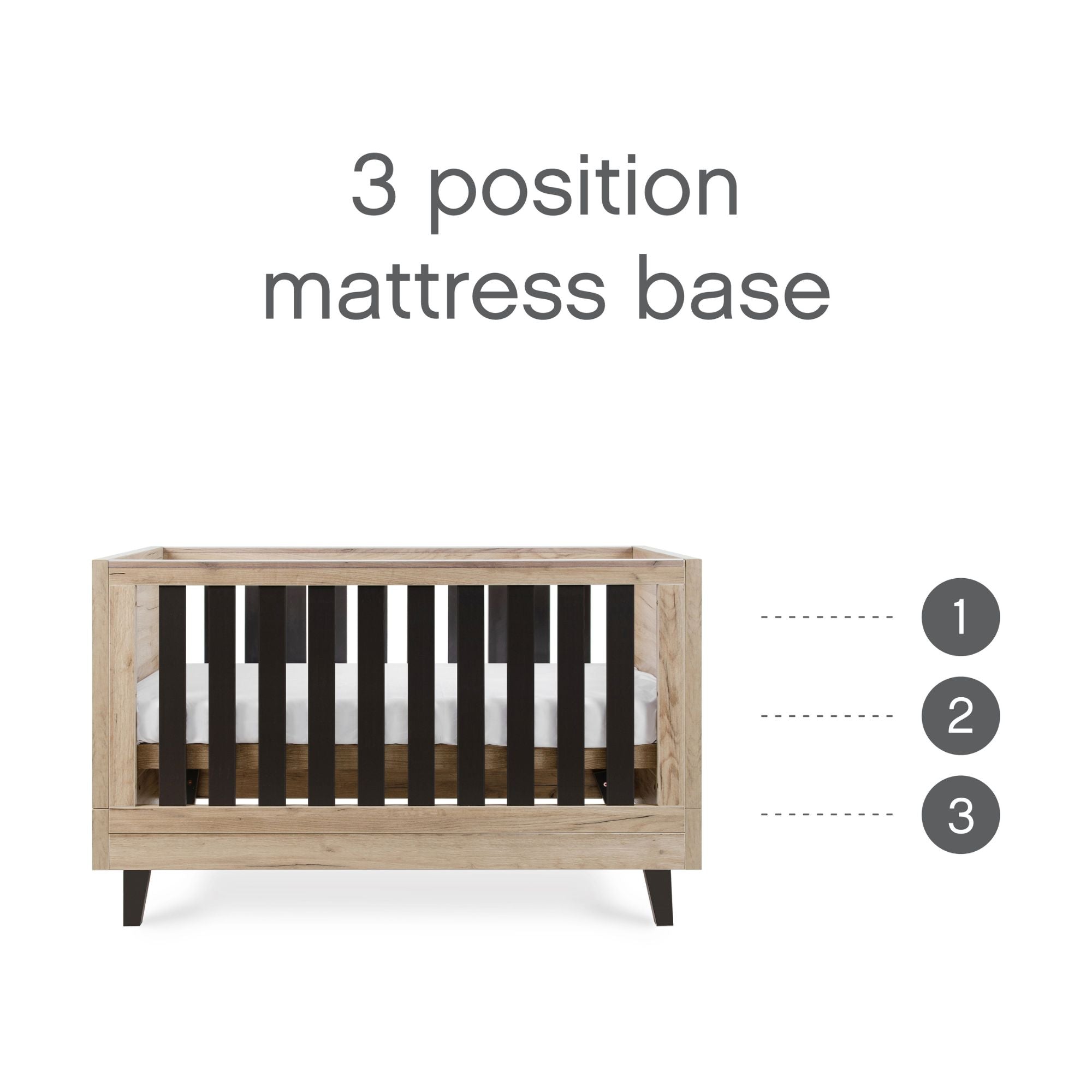 Como cot bed in distressed oak and slate grey shown with 3 adjustable mattress base heights, offering flexible and comfort 