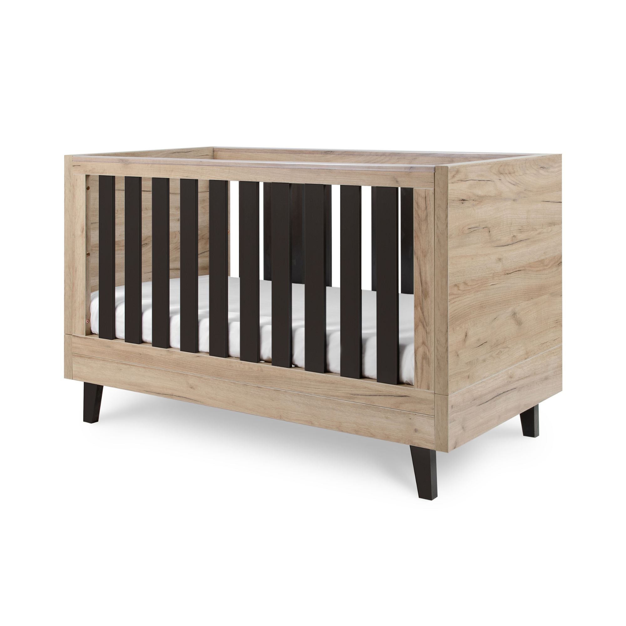Angled cutout view of the Como cot bed in distressed oak and slate grey, featuring bold slate slats and a sturdy, modern wood frame