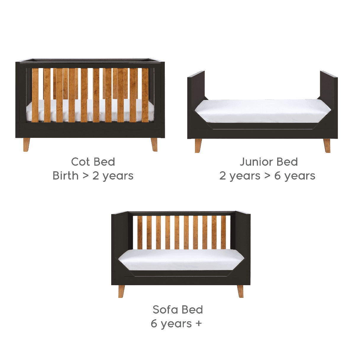 Overview of the Como cot bed in rosewood and slate grey shown in cot, junior, and sofa bed modes, illustrating adaptable use from birth to 6+ years