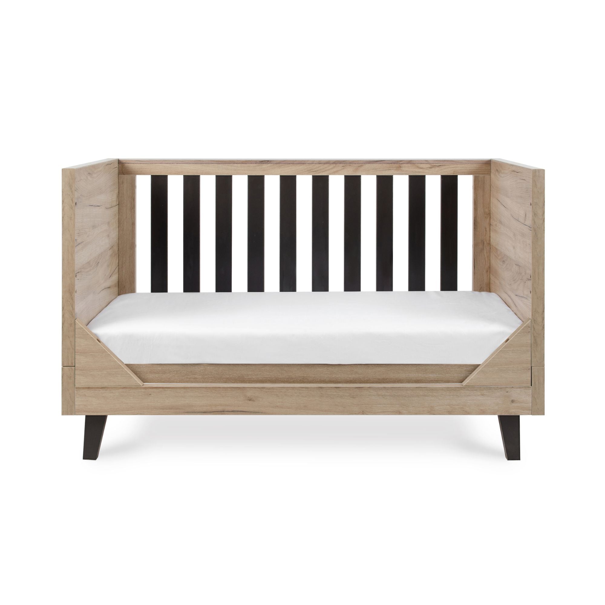 Cutout view of the Como sofa bed in distressed oak and slate grey, featuring open sides and slatted back for a stylish and versatile nursery option