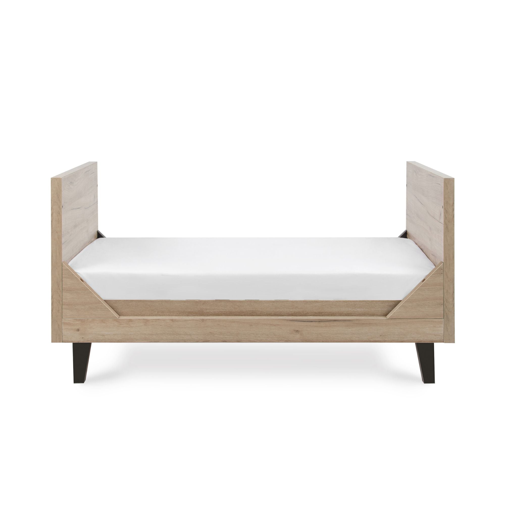 Cutout view of the Como toddler bed in distressed oak and slate grey, designed with low sides and a modern wood frame for growing children