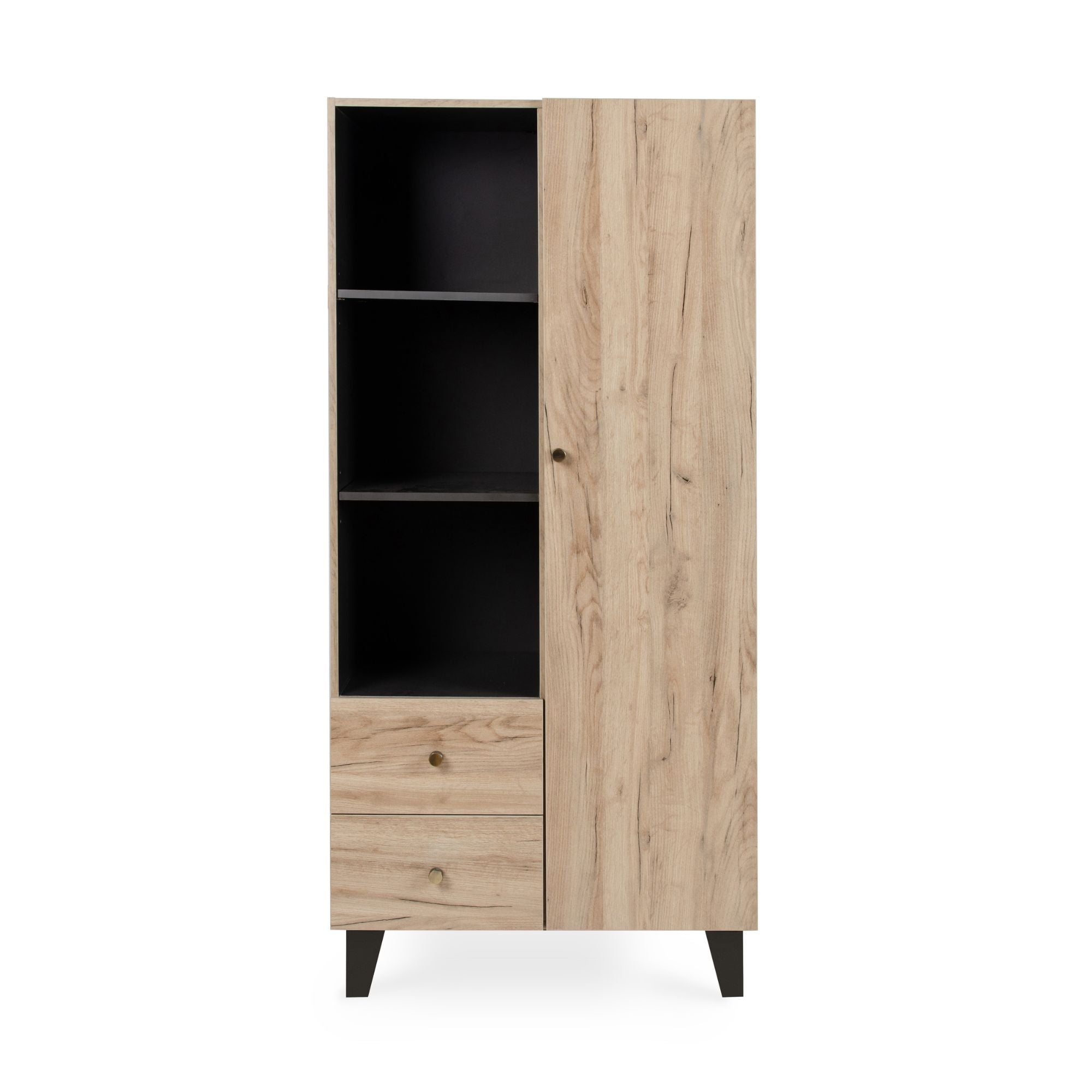 Cutout view of the Como wardrobe in distressed oak and slate grey, featuring two drawers, open shelving, and a tall cupboard for versatile nursery storage