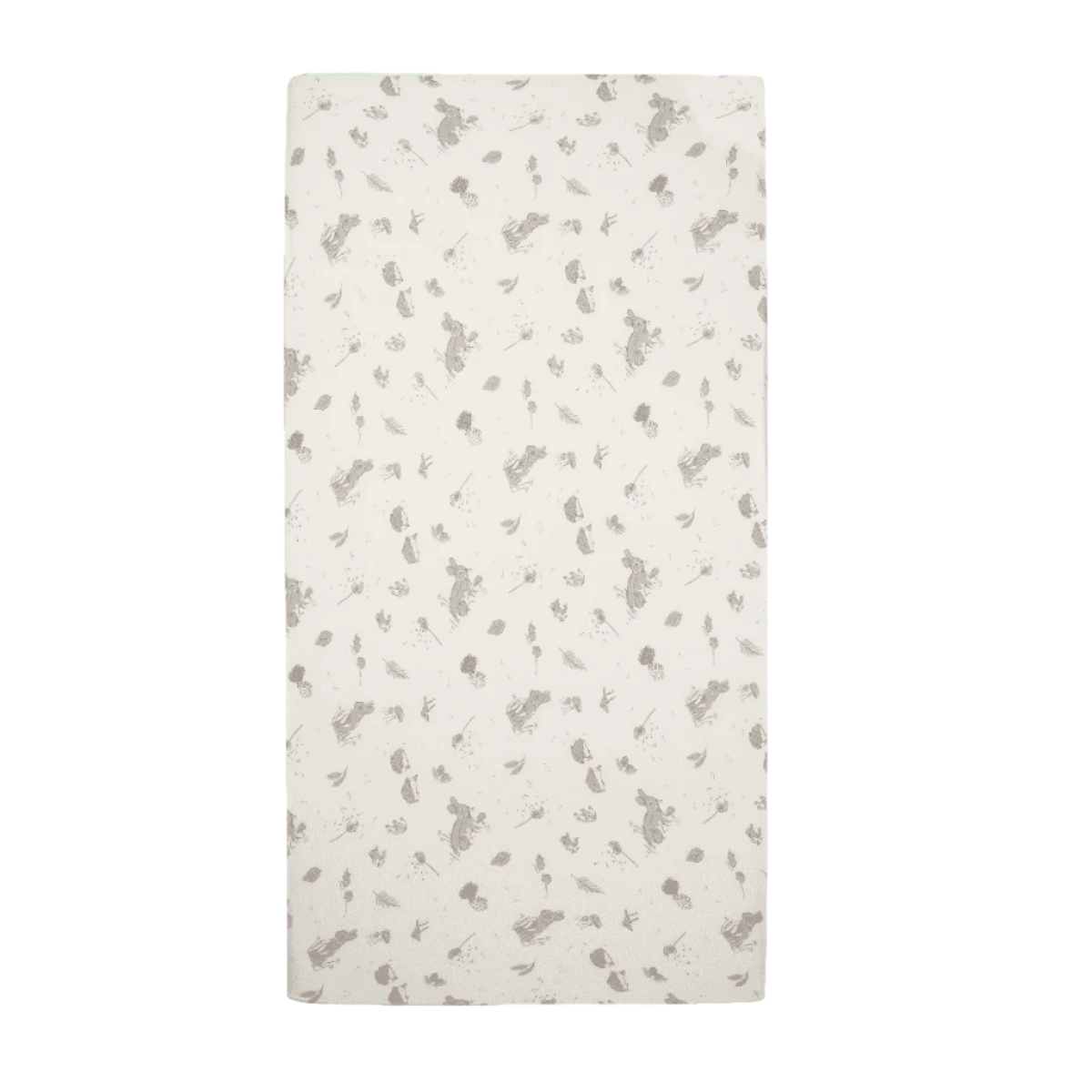 Cocoon cot bed fitted sheet with rabbit and woodland print, designed in calming neutral tones for a cosy nursery sleep space