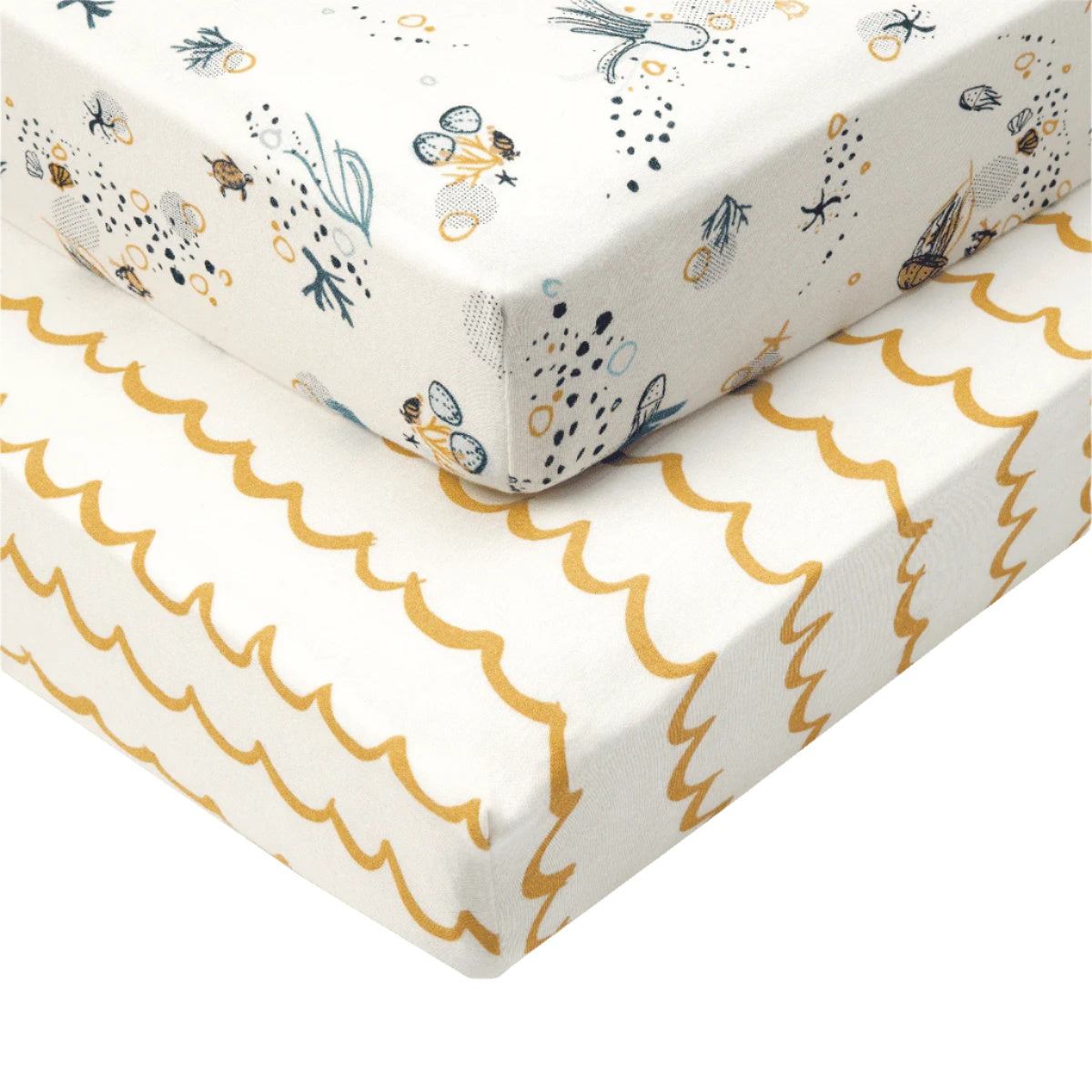 Two cot bed fitted sheets in Our Planet collection, featuring orange wave stripe and ocean-inspired sea life print, shown together