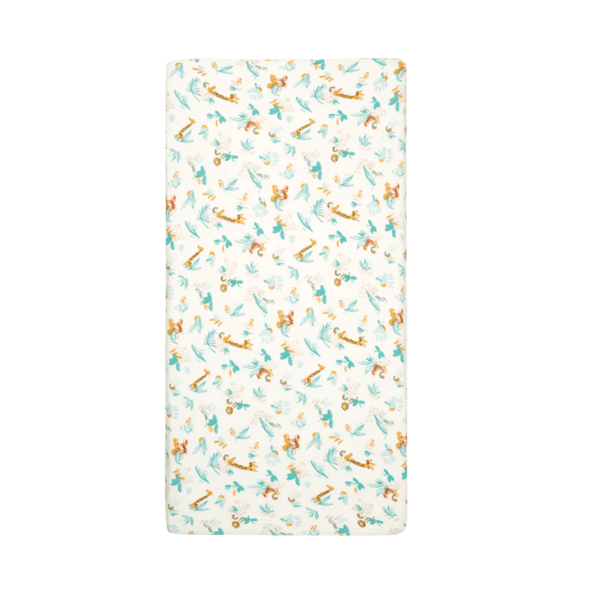Cot bed fitted sheet from the Run Wild collection, featuring playful safari animals and foliage print in warm tones for a fun nursery look