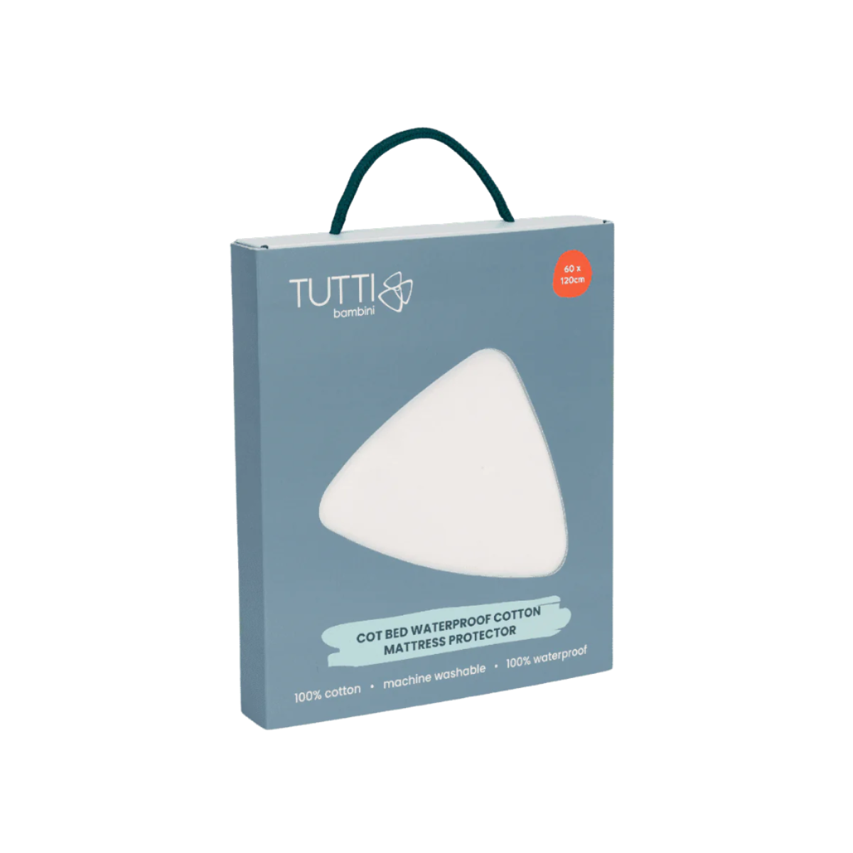 Tutti Bambini cot bed waterproof mattress protector packaging, highlighting 100% cotton comfort with a fully waterproof, machine-washable layer
