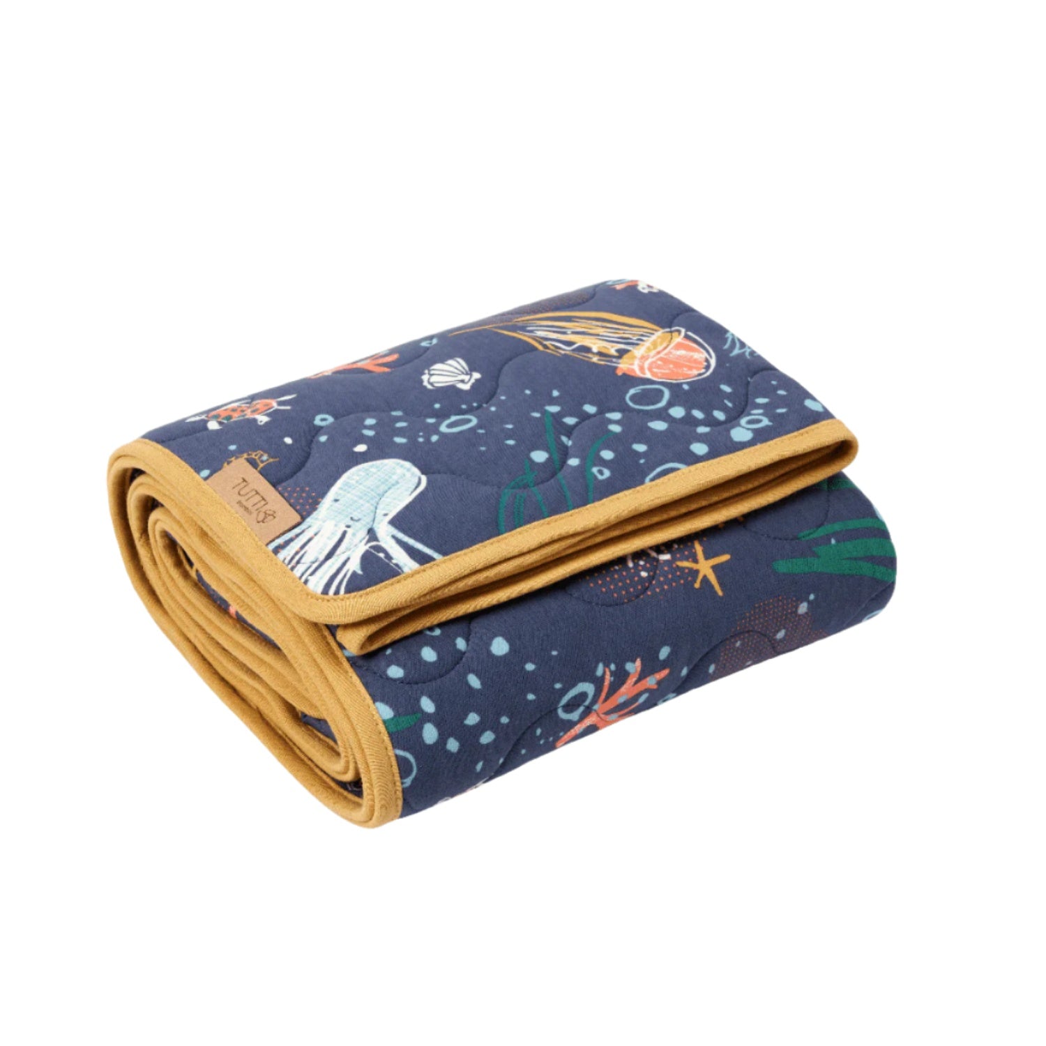 Folded cutout of Our Planet coverlet, quilted cotton layer with deep-sea prints and mustard trim for playful comfort and style
