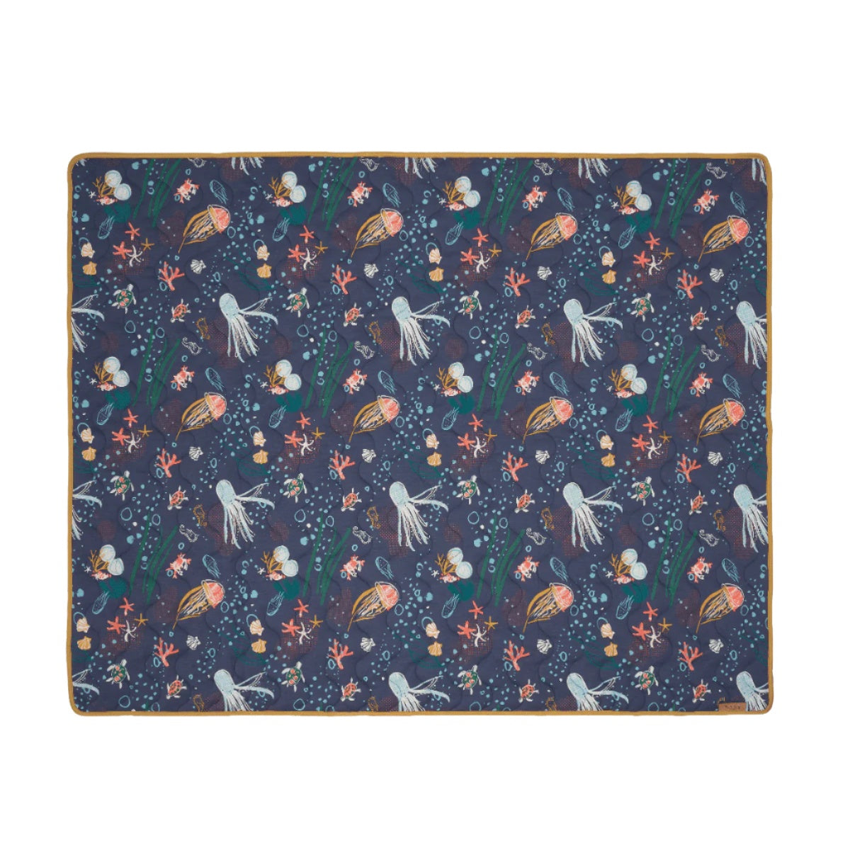 Top view of the Our Planet cot and cot bed coverlet featuring an ocean-themed print with octopuses, jellyfish, starfish