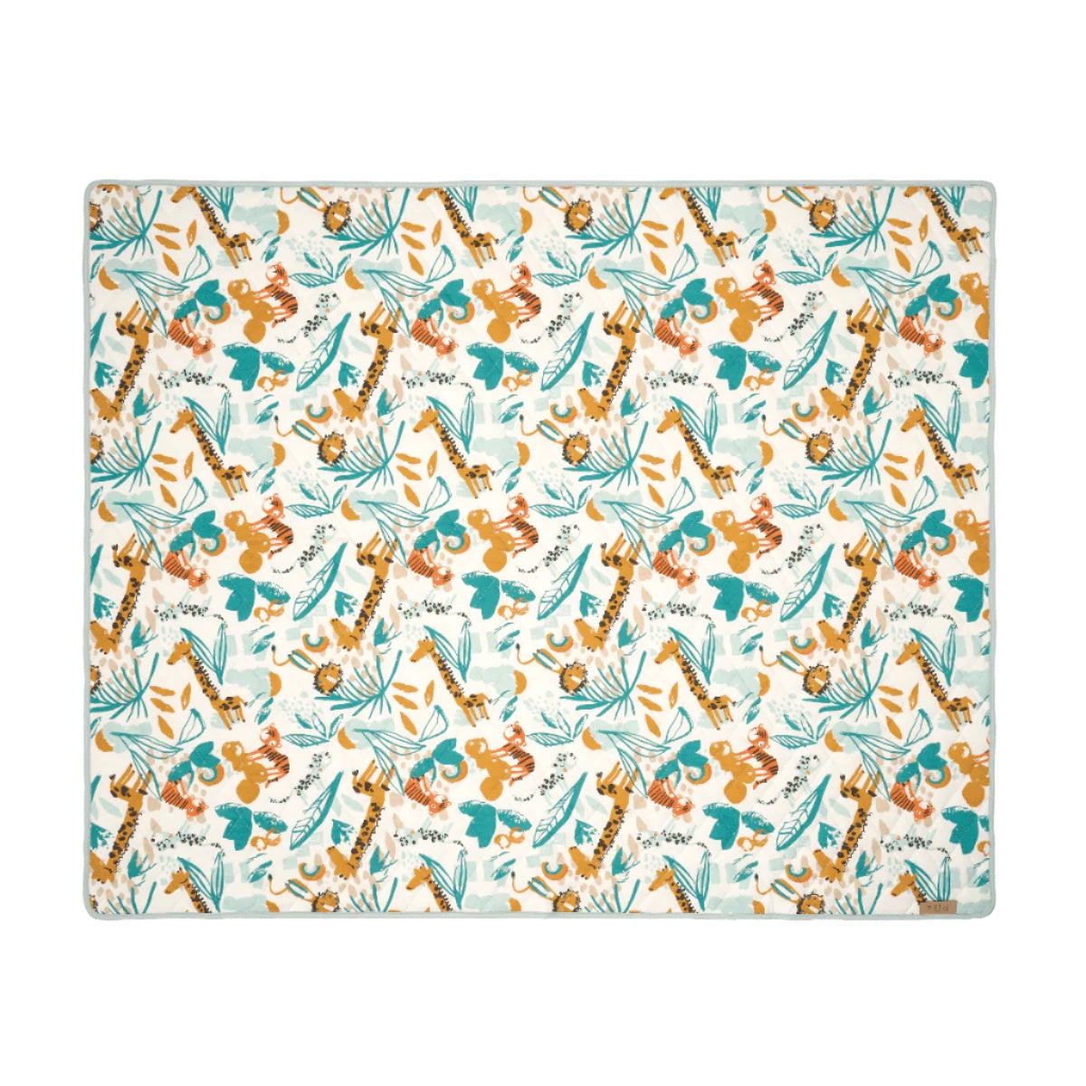 Flat lay of the Run Wild cot and cot bed coverlet featuring playful giraffe, tiger, and jungle leaf print 