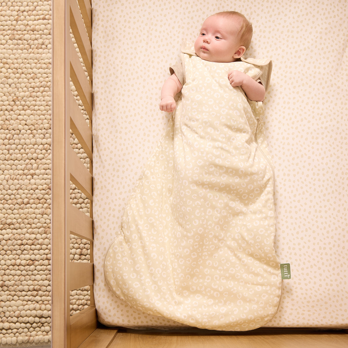 Overhead view of baby snuggly lying in a sleep bag and on the cot fitted sheet from our love cats collection.                                           