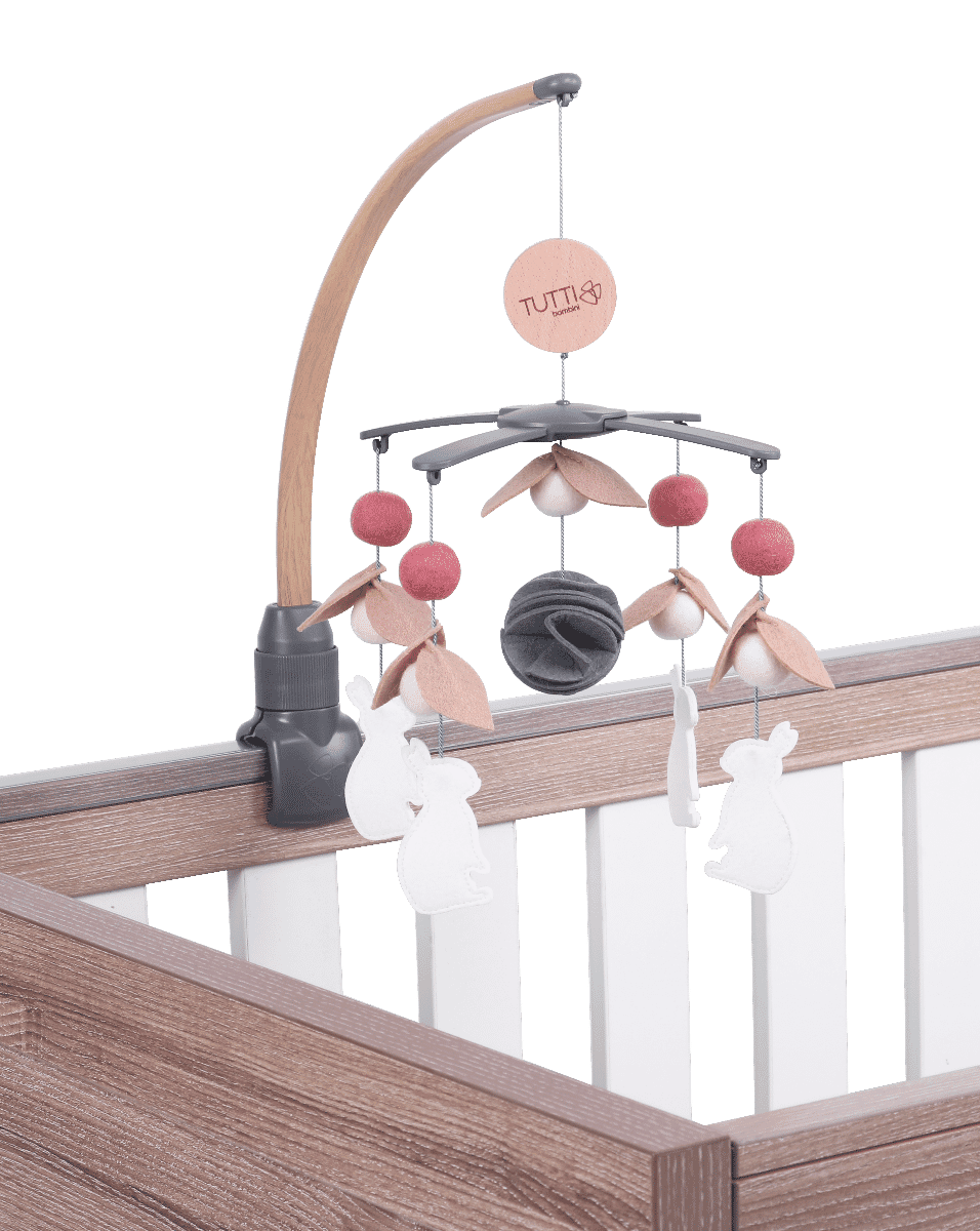 CoZee 2 in 1 Crib &amp; Cot Mobile in Oak &amp; Cocoon - cutout image of the mobile attached to a cot bed