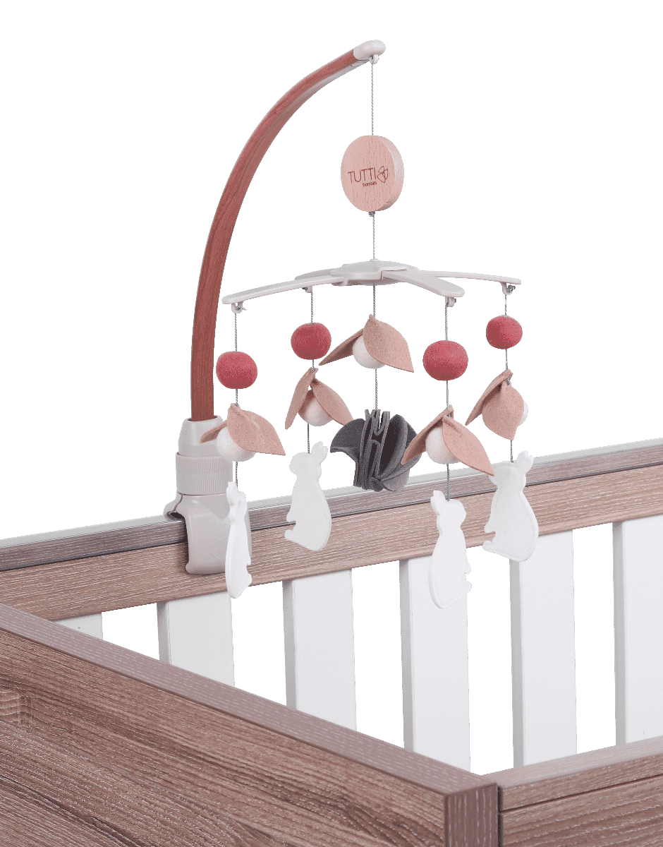 CoZee 2 in 1 Crib &amp; Cot Mobile in Scandinavian Walnut &amp; Cocoon - cutout image showing the mobile attached to the cot bed