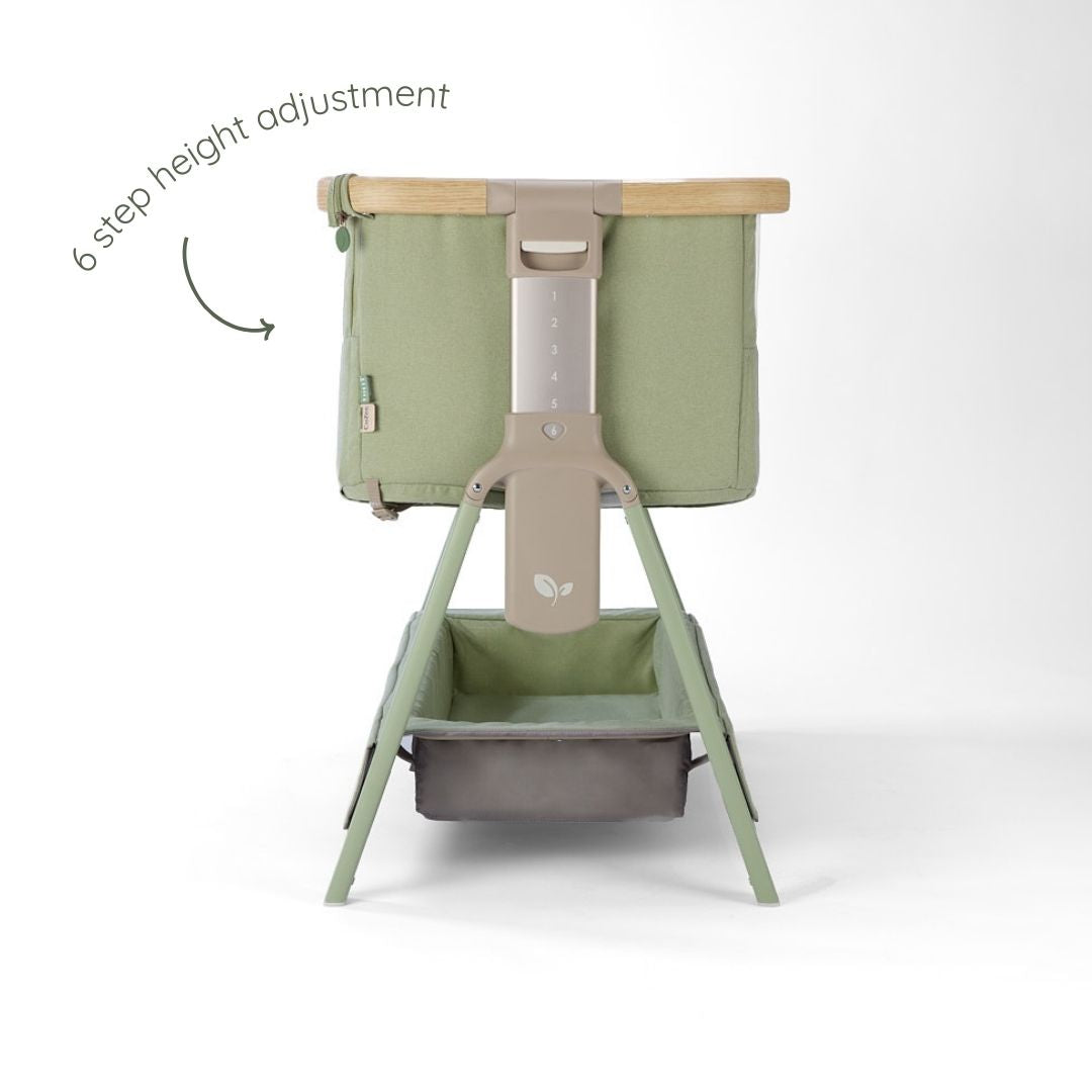 CoZee Air 2 bedside crib in drifted oak and eucalyptus demonstrating gentle incline setting to help ease reflux.