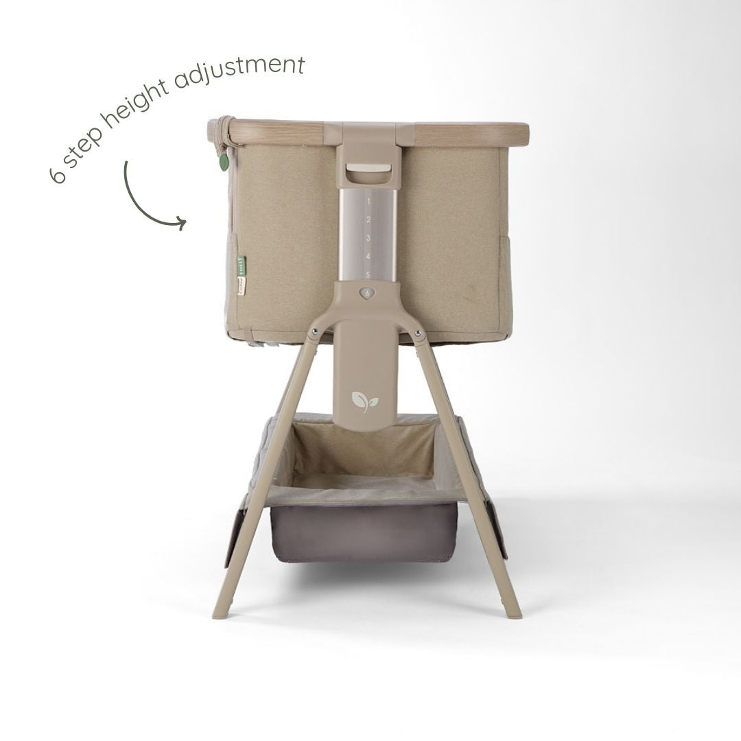 CoZee Air 2 bedside crib in soft walnut and cocoa showing 6-step height adjustment and supportive A-frame base.