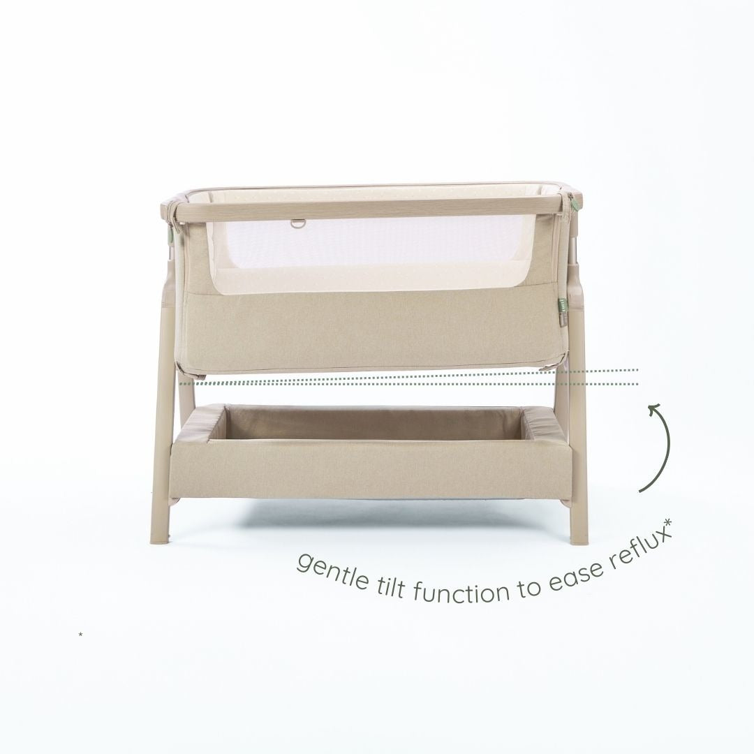 CoZee Air 2 bedside crib in soft walnut and cocoa demonstrating gentle incline setting to help ease reflux.