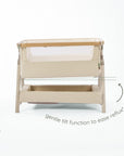 CoZee Air 2 bedside crib in toasted oak and sand showing gentle incline setting to help ease reflux.