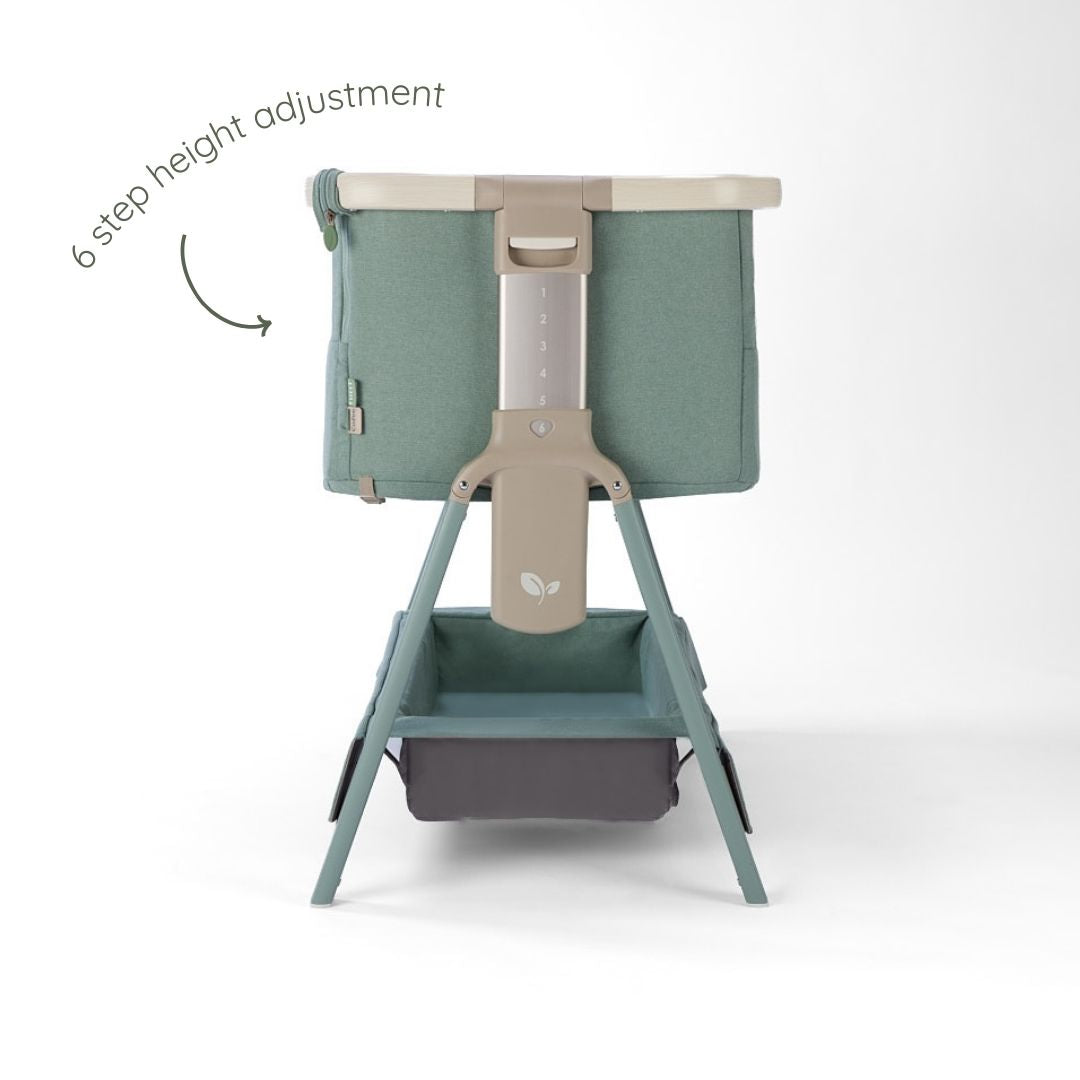 CoZee Air 2 bedside crib in whitewash and kelp with 6-step height adjustment and sturdy A-frame legs.