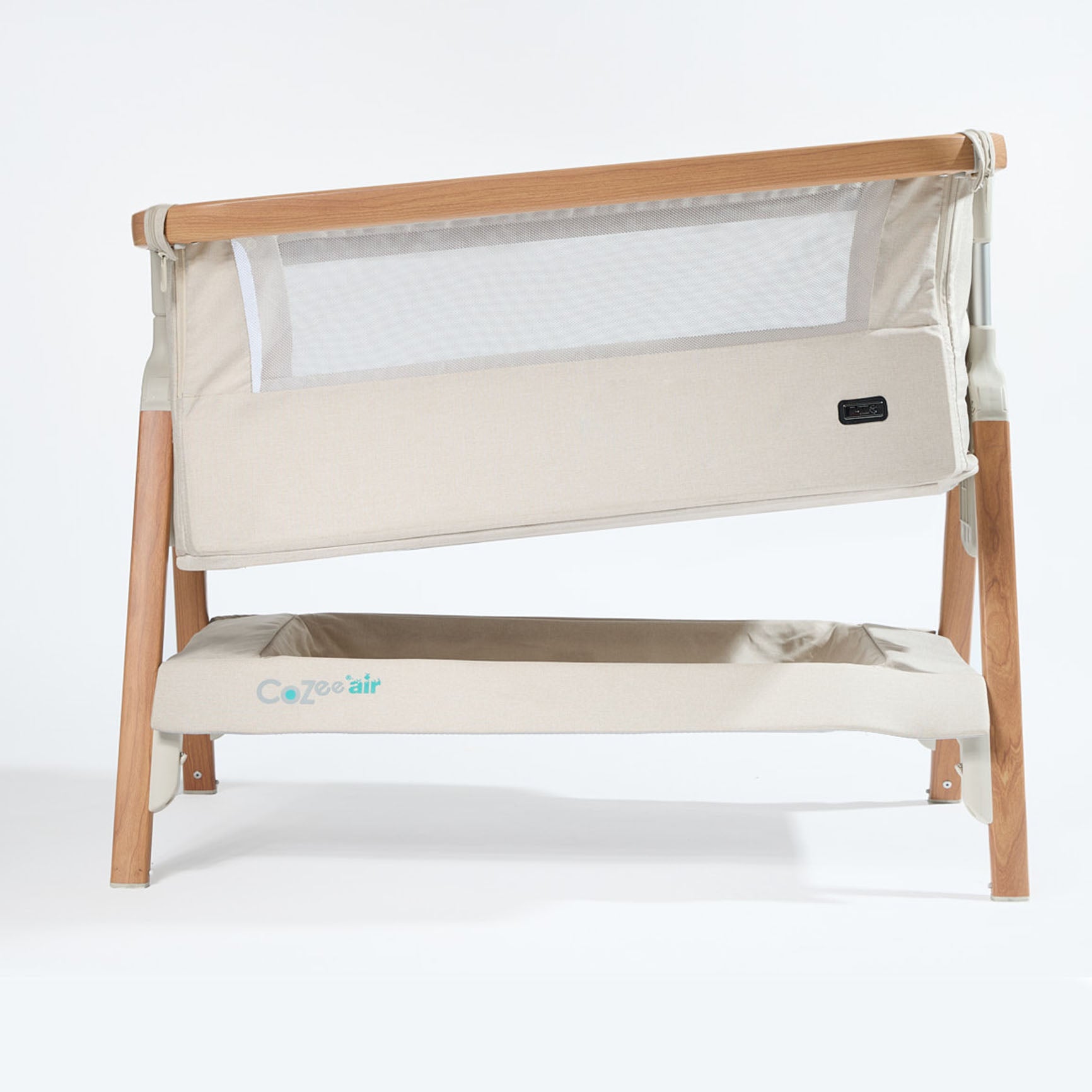 Tutti Bambini CoZee Air in Scandinavian Walnut and Ecru – Incline adjustment for reflux or congestion relief