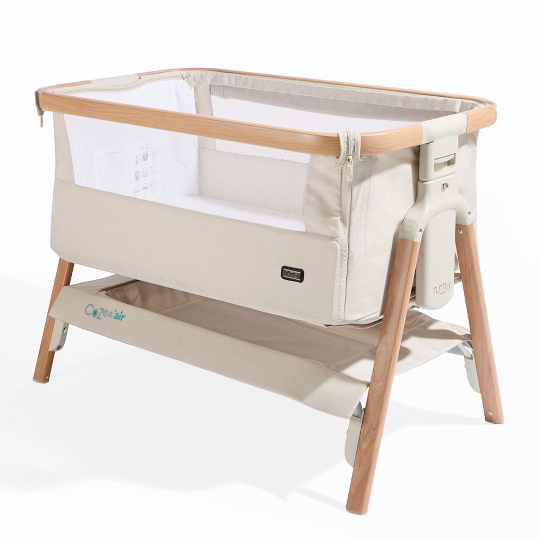 Angled cutout of CoZee Air in Scandinavian Walnut and Ecru – showcases modern design with mesh sides and soft ecru fabrics