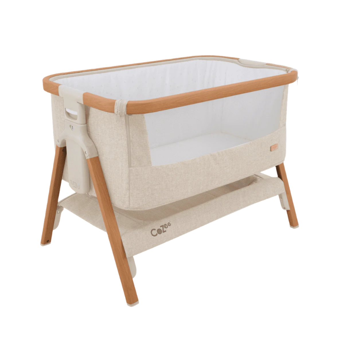 CoZee Bedside Crib Scandinavian Walnut and Ecru > under crib storage shelf for baby essentials