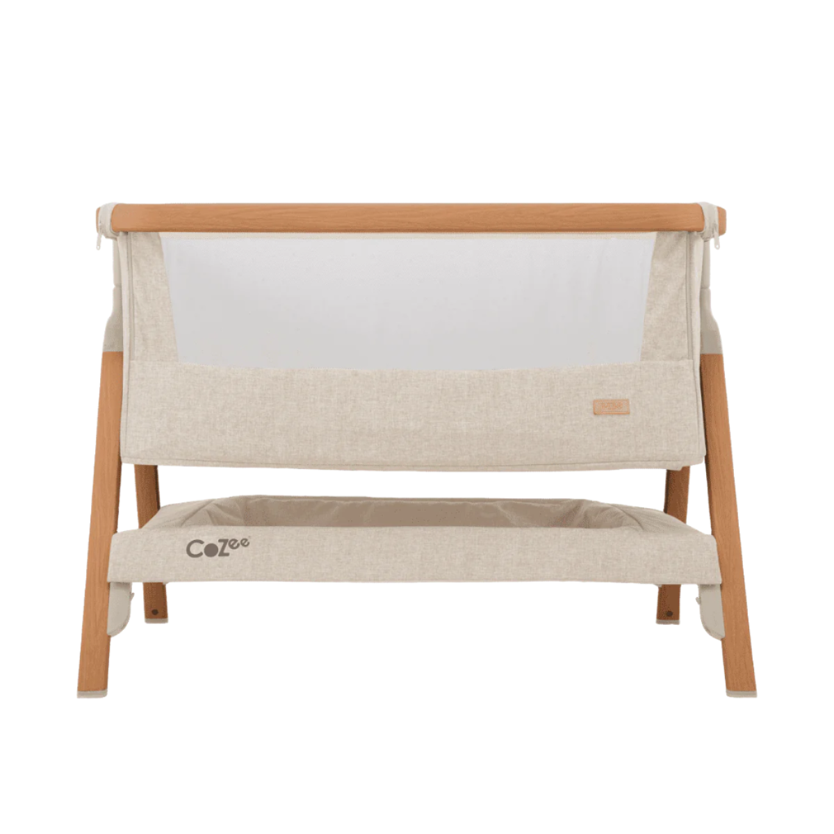 CoZee Bedside Crib Scandinavian Walnut and Ecru > breathable mesh sides for improved airflow