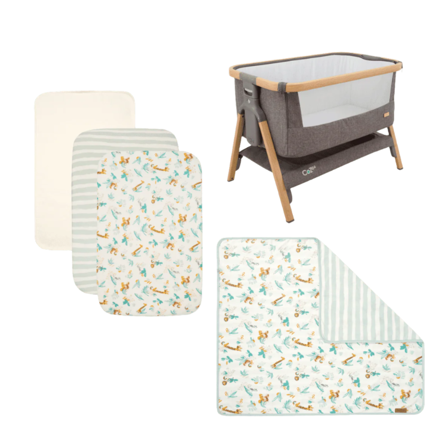fitted sheets, mattress protector, coverlet and bedside crib from the run wild bundle