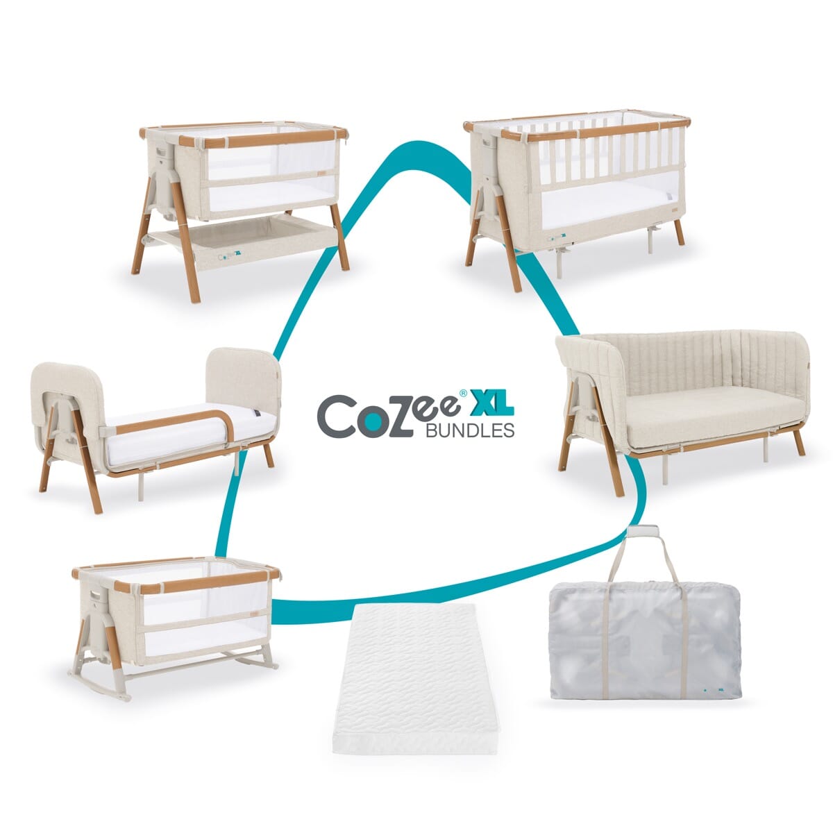 Collage image showing all CoZee XL Scandinavian and Walnut Ecru modes from birth to 4 years including crib, cot, toddler and sofa bed mode, bassinet, mattress and travel bag for growing families