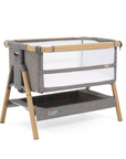 CoZee XL Bedside Crib in Oak and Charcoal, featuring a practical shelf underneath for easy storage