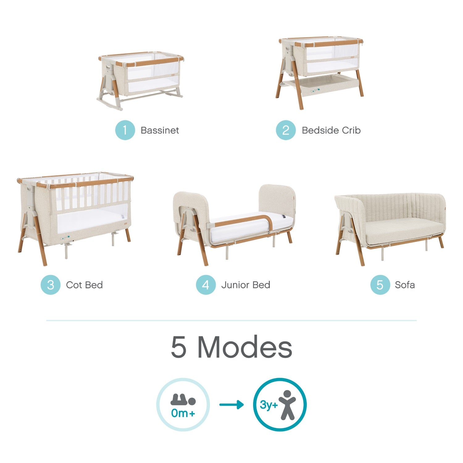 CoZee XL Scandinavian Walnut and Ecru – converts into 5 sleep and seating modes from bassinet through to sofa bed mode