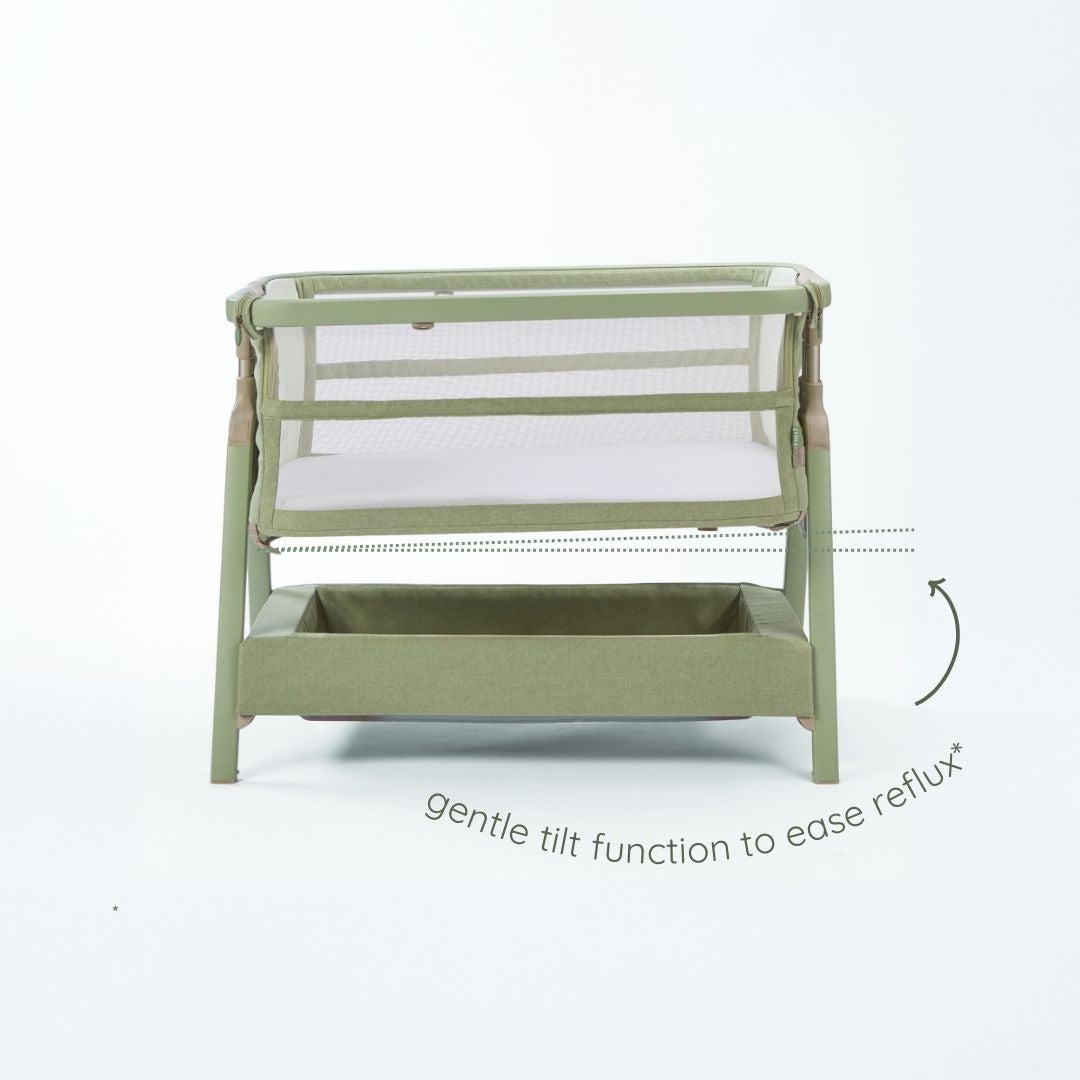 CoZee Zen bedside crib in eucalyptus showing gentle incline setting designed to help ease reflux.
